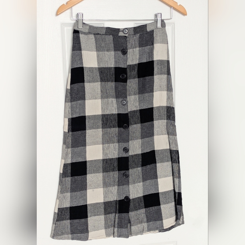 Angie Women's (Small) Black & Cream Checkered/Plaid Button-Down Front Midi Skirt